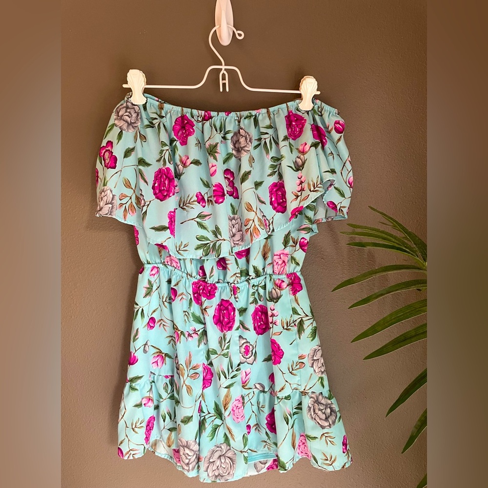 Light Blue Off-Shoulder Floral Romper with Pink Flower Print